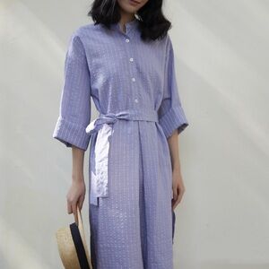 Blue White Stripe Shirt Dress With Belt